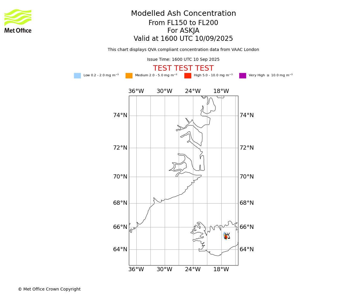 Modelled ash concentration from 150 to 200 for ASKJA. Valid at 1600 UTC 10/09/2025