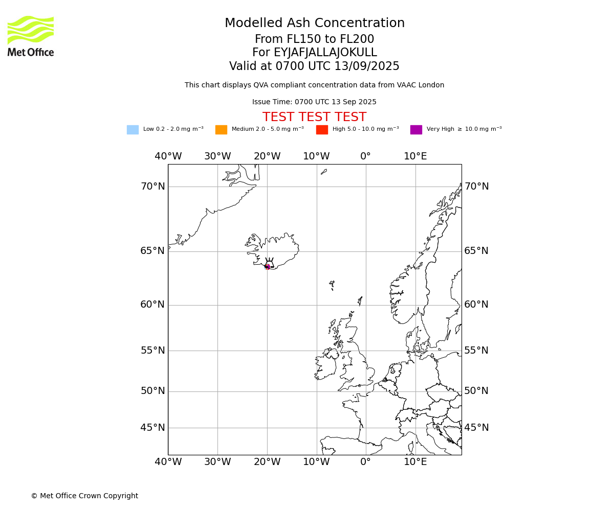 Modelled ash concentration from 150 to 200 for EYJAFJALLAJOKULL. Valid at 0700 UTC 13/09/2025