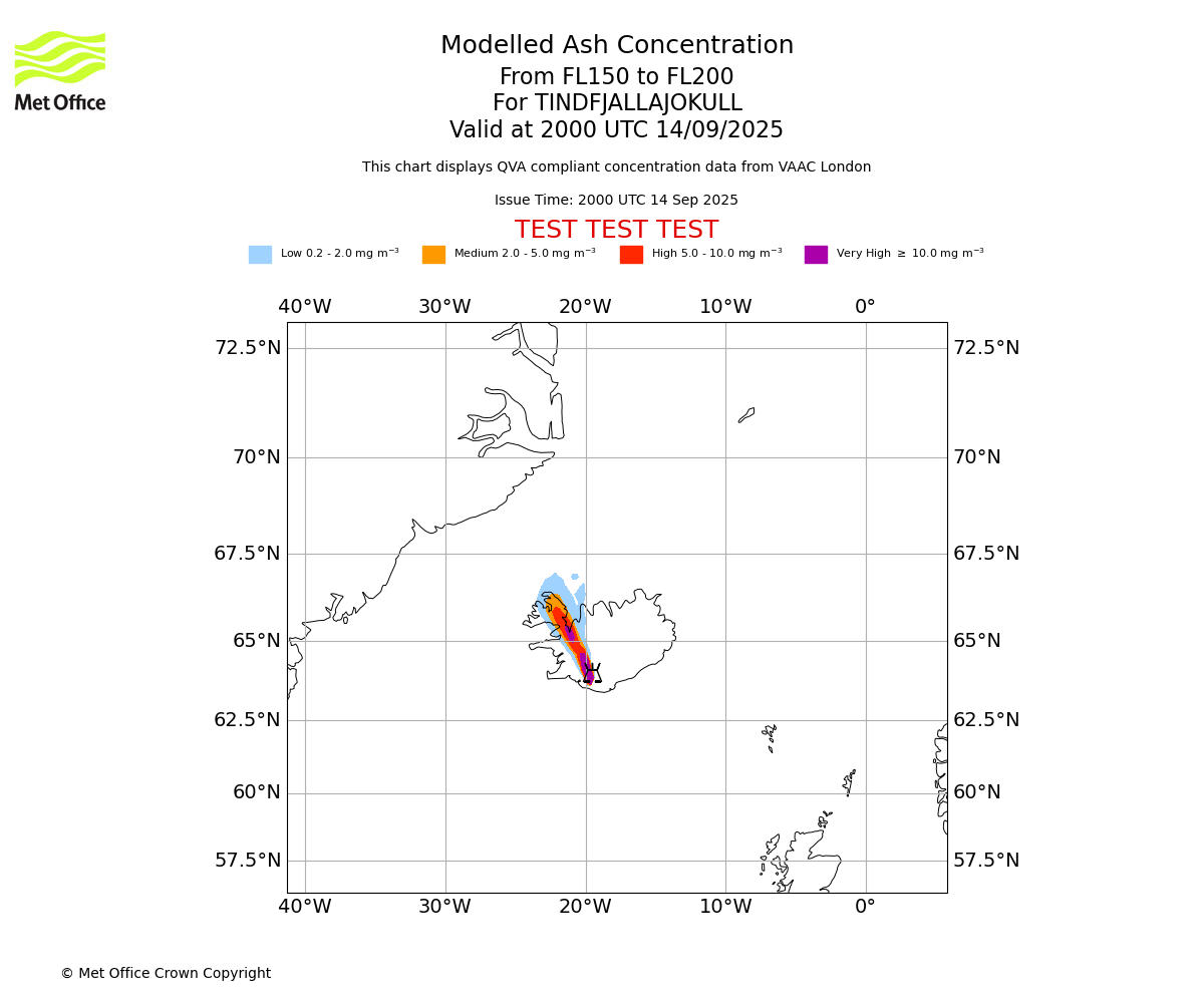 Modelled ash concentration from 150 to 200 for TINDFJALLAJOKULL. Valid at 2000 UTC 14/09/2025