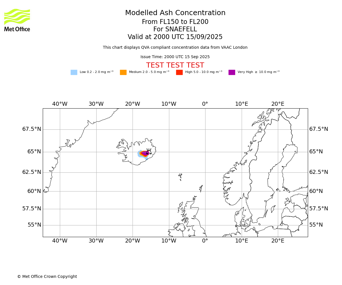 Modelled ash concentration from 150 to 200 for SNAEFELL. Valid at 2000 UTC 15/09/2025