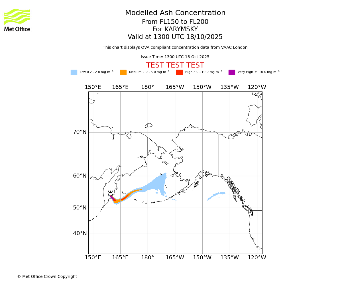 Modelled ash concentration from 150 to 200 for KARYMSKY. Valid at 1300 UTC 18/10/2025