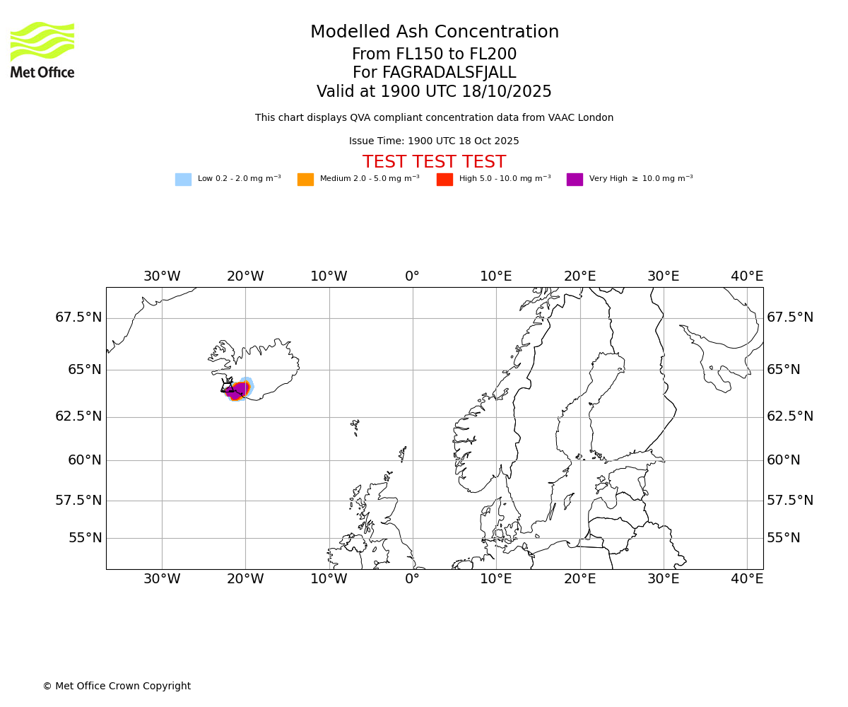 Modelled ash concentration from 150 to 200 for FAGRADALSFJALL. Valid at 1900 UTC 18/10/2025