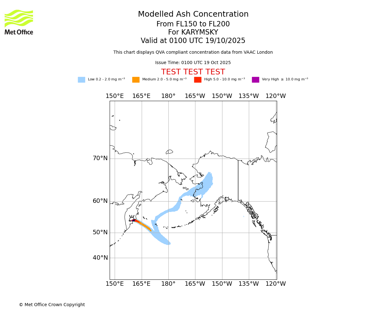 Modelled ash concentration from 150 to 200 for KARYMSKY. Valid at 0100 UTC 19/10/2025