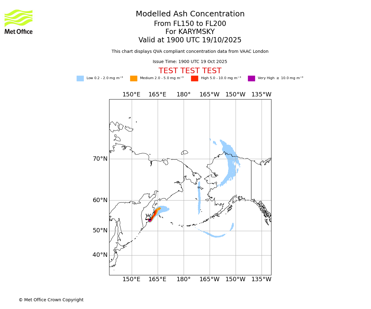 Modelled ash concentration from 150 to 200 for KARYMSKY. Valid at 1900 UTC 19/10/2025
