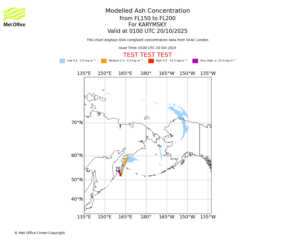 Modelled ash concentration from 150 to 200 for KARYMSKY. Valid at 0100 UTC 20/10/2025