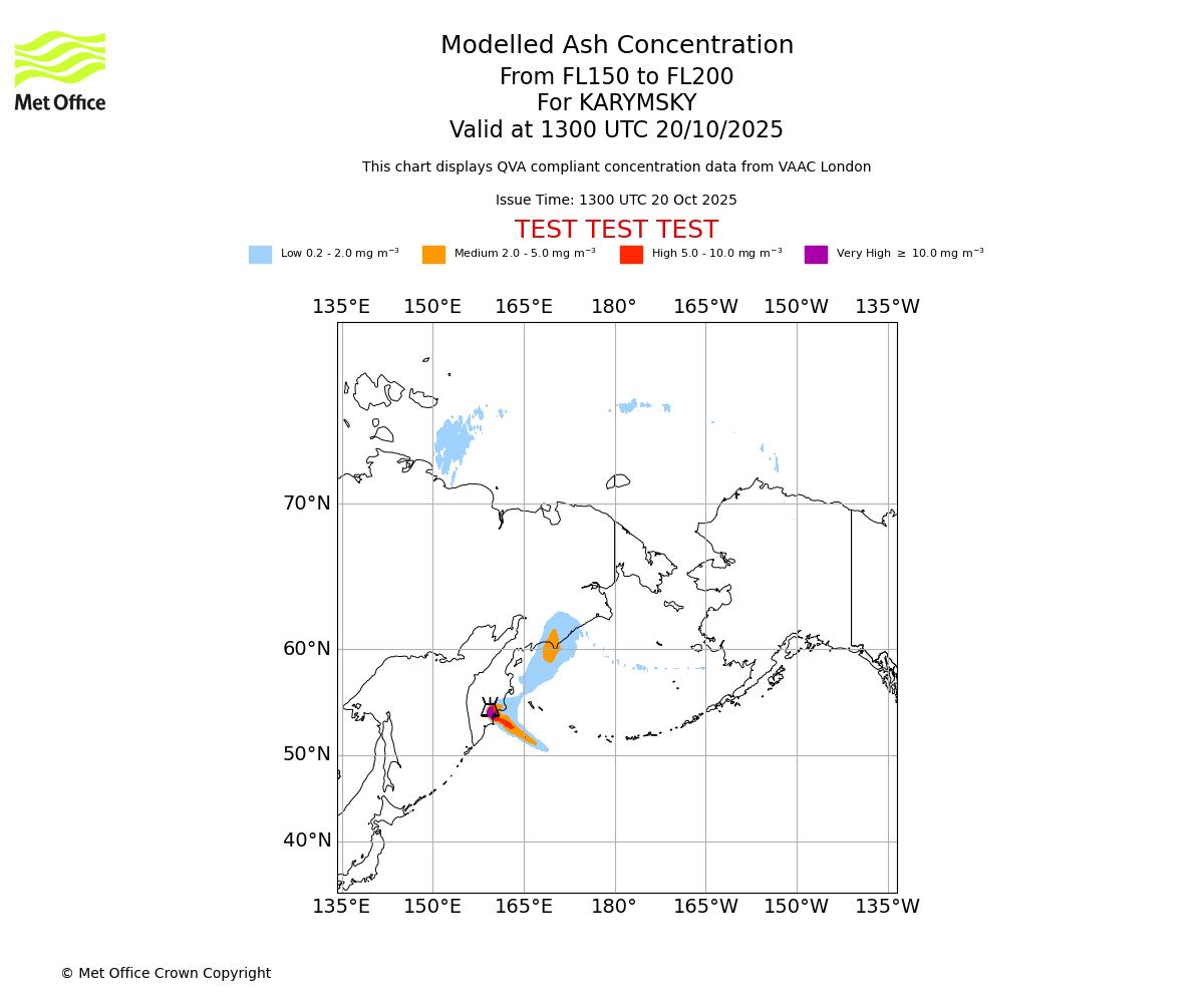 Modelled ash concentration from 150 to 200 for KARYMSKY. Valid at 1300 UTC 20/10/2025