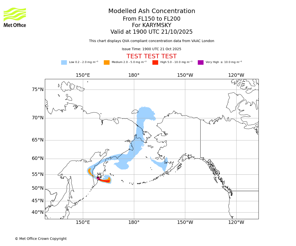 Modelled ash concentration from 150 to 200 for KARYMSKY. Valid at 1900 UTC 21/10/2025