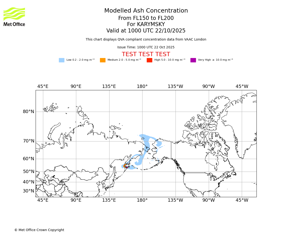 Modelled ash concentration from 150 to 200 for KARYMSKY. Valid at 1000 UTC 22/10/2025