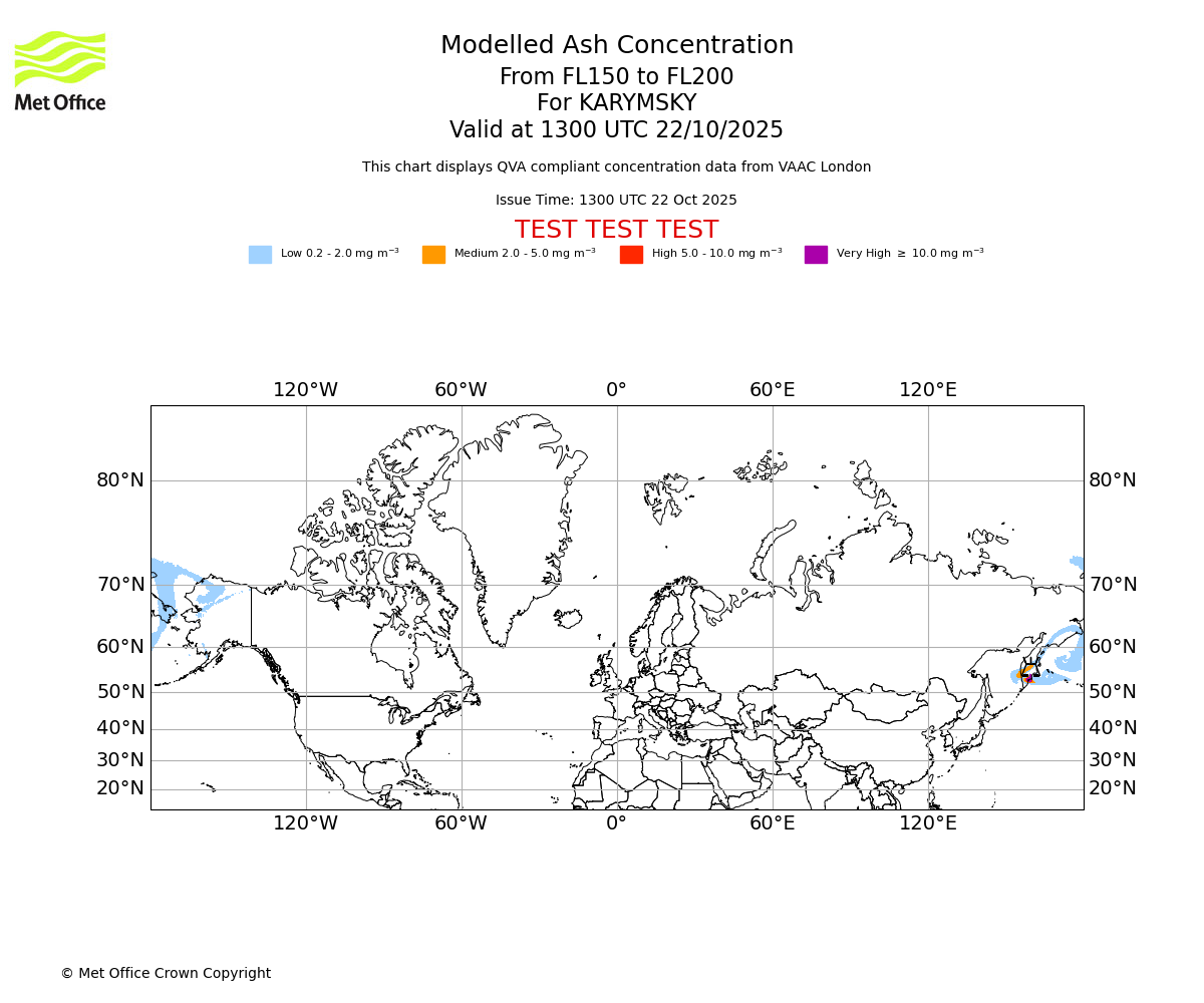 Modelled ash concentration from 150 to 200 for KARYMSKY. Valid at 1300 UTC 22/10/2025
