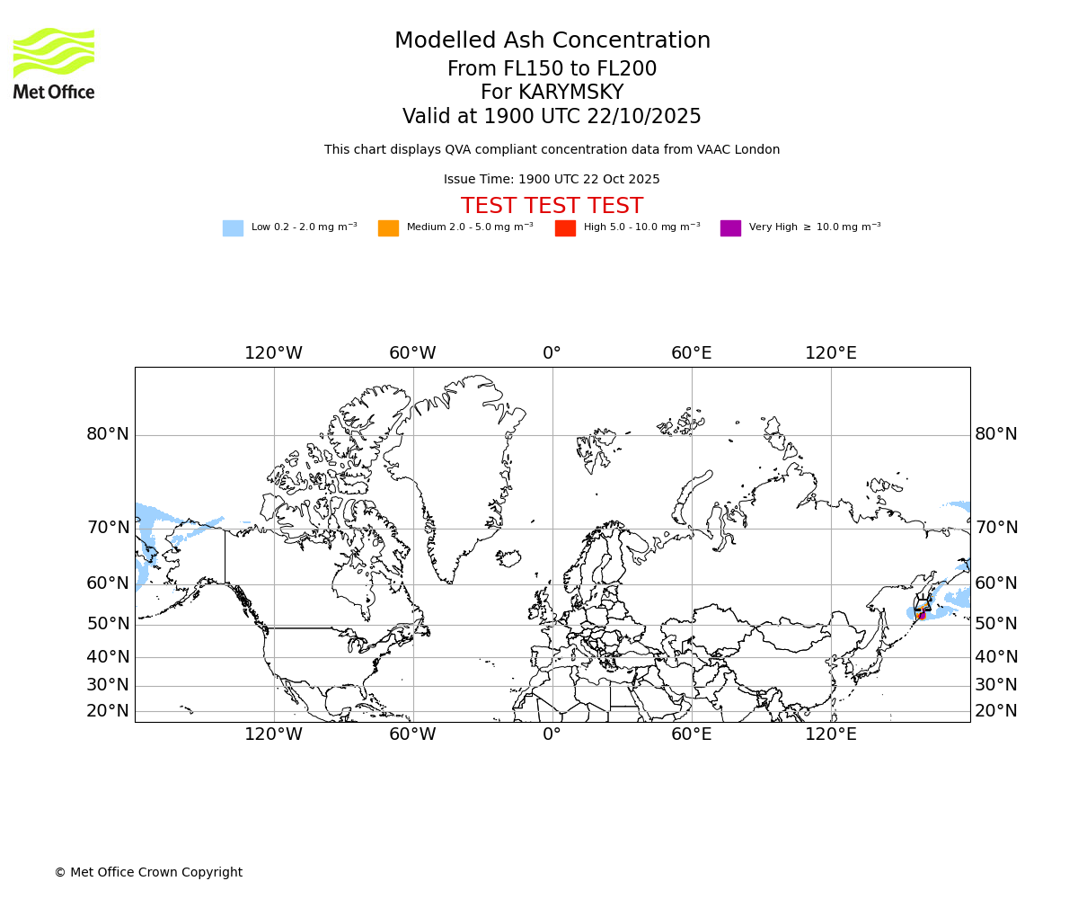 Modelled ash concentration from 150 to 200 for KARYMSKY. Valid at 1900 UTC 22/10/2025