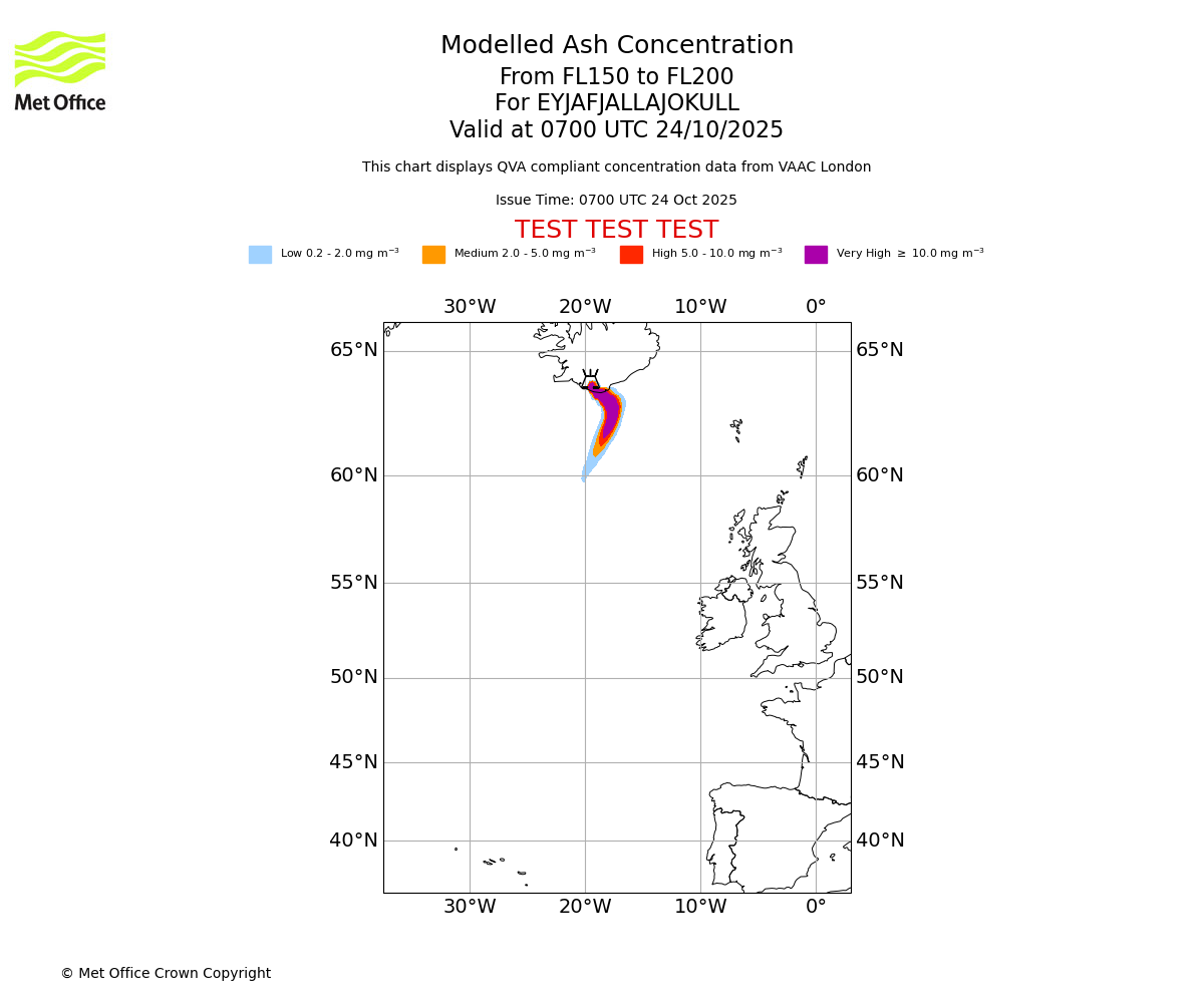 Modelled ash concentration from 150 to 200 for EYJAFJALLAJOKULL. Valid at 0700 UTC 24/10/2025