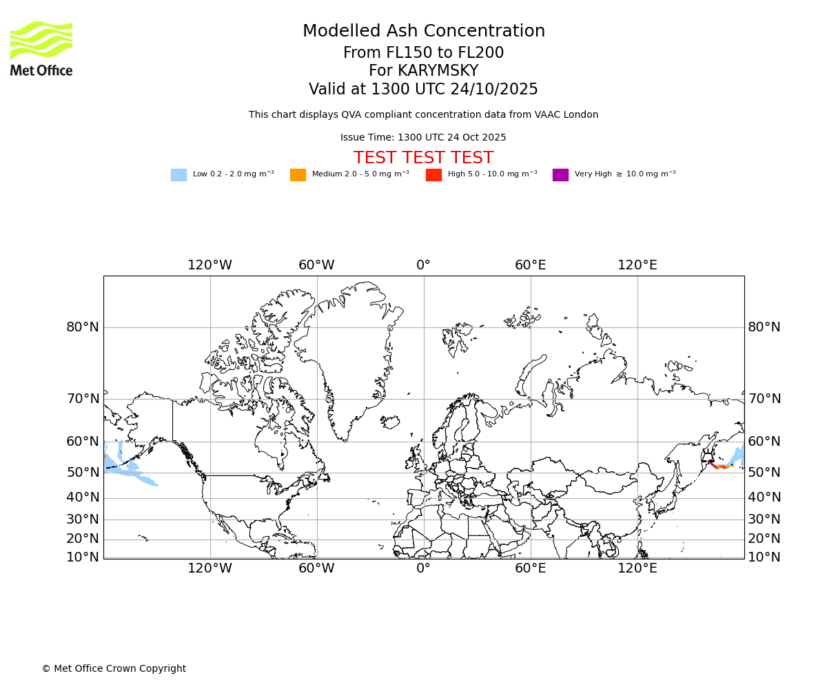 Modelled ash concentration from 150 to 200 for KARYMSKY. Valid at 1300 UTC 24/10/2025