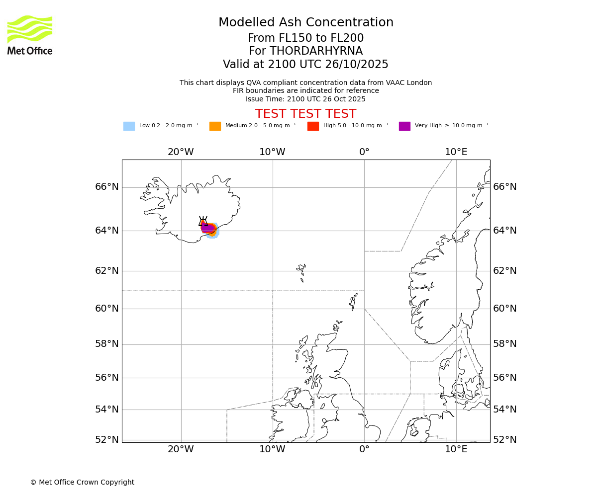 Modelled ash concentration from 150 to 200 for THORDARHYRNA. Valid at 2100 UTC 26/10/2025