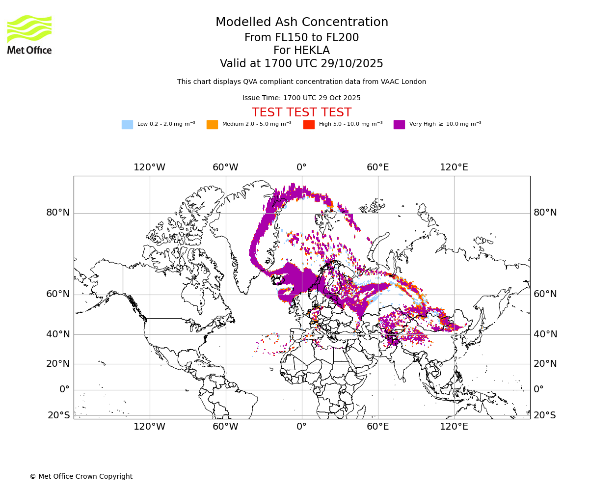 Modelled ash concentration from 150 to 200 for HEKLA. Valid at 1700 UTC 29/10/2025