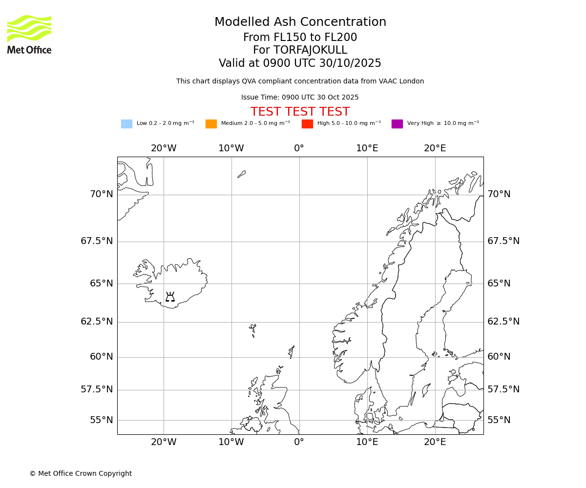Modelled ash concentration from 150 to 200 for TORFAJOKULL. Valid at 0900 UTC 30/10/2025