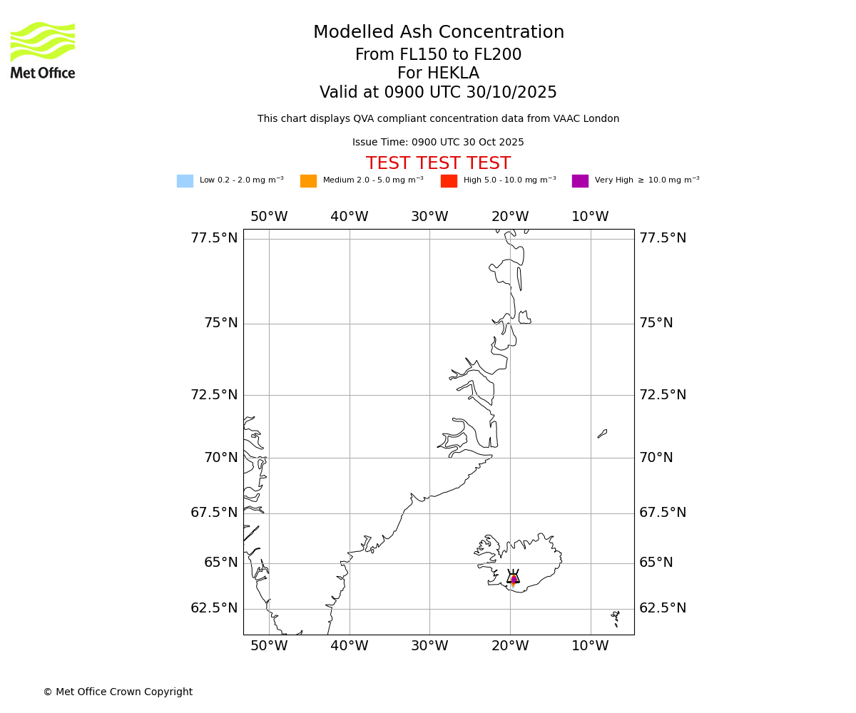 Modelled ash concentration from 150 to 200 for HEKLA. Valid at 0900 UTC 30/10/2025