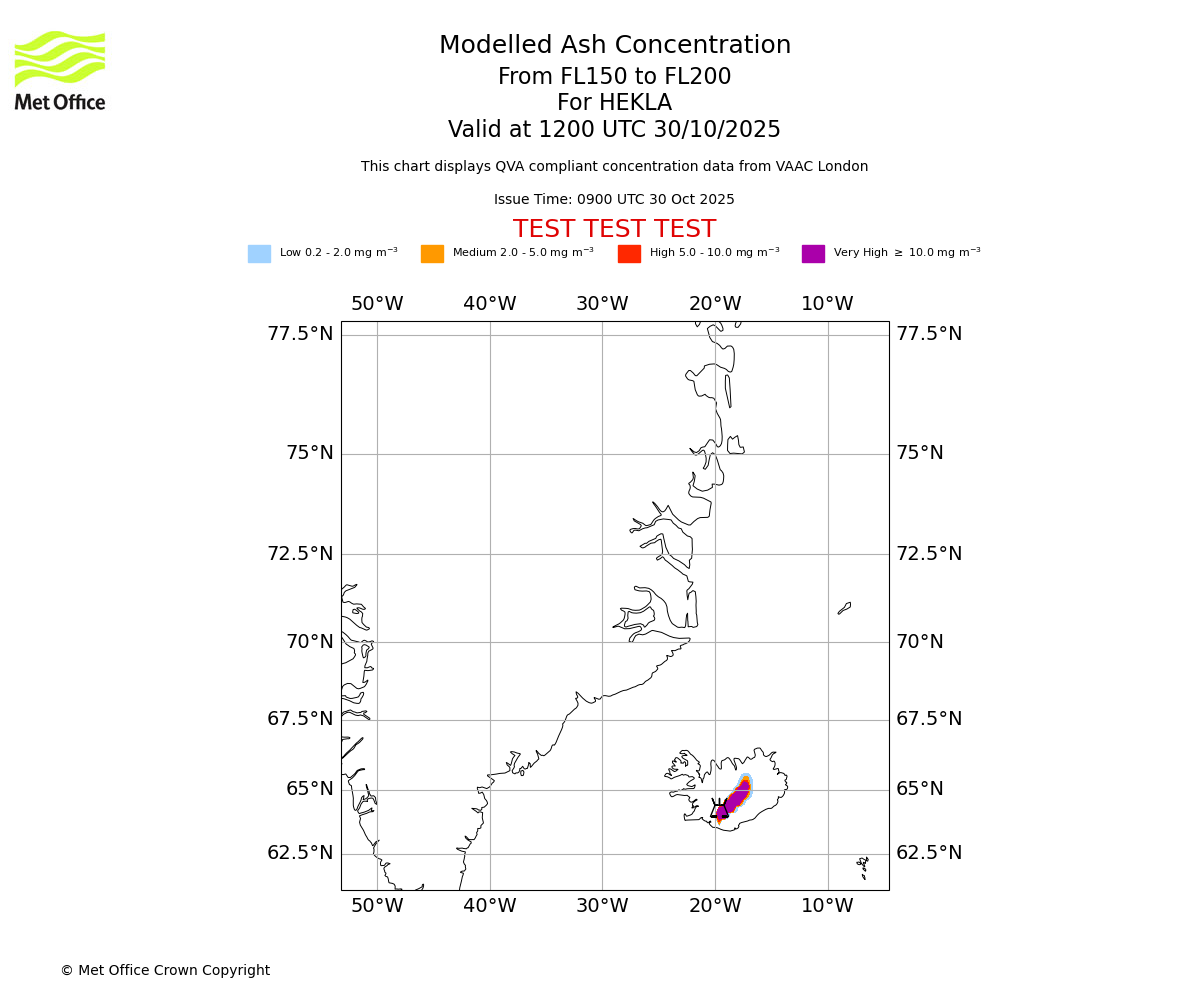 Modelled ash concentration from 150 to 200 for HEKLA. Valid at 1200 UTC 30/10/2025