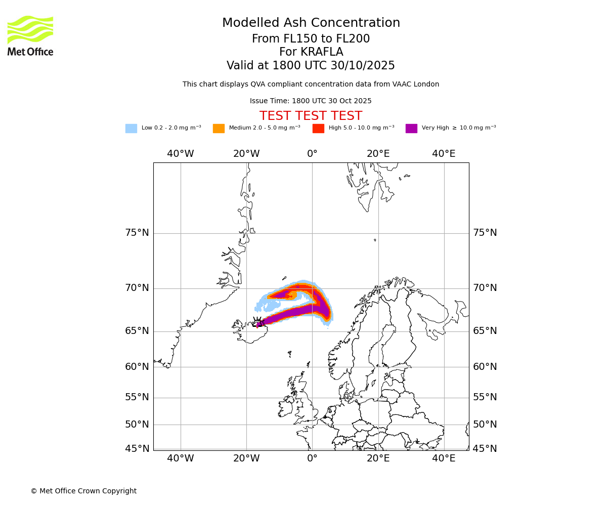 Modelled ash concentration from 150 to 200 for KRAFLA. Valid at 1800 UTC 30/10/2025