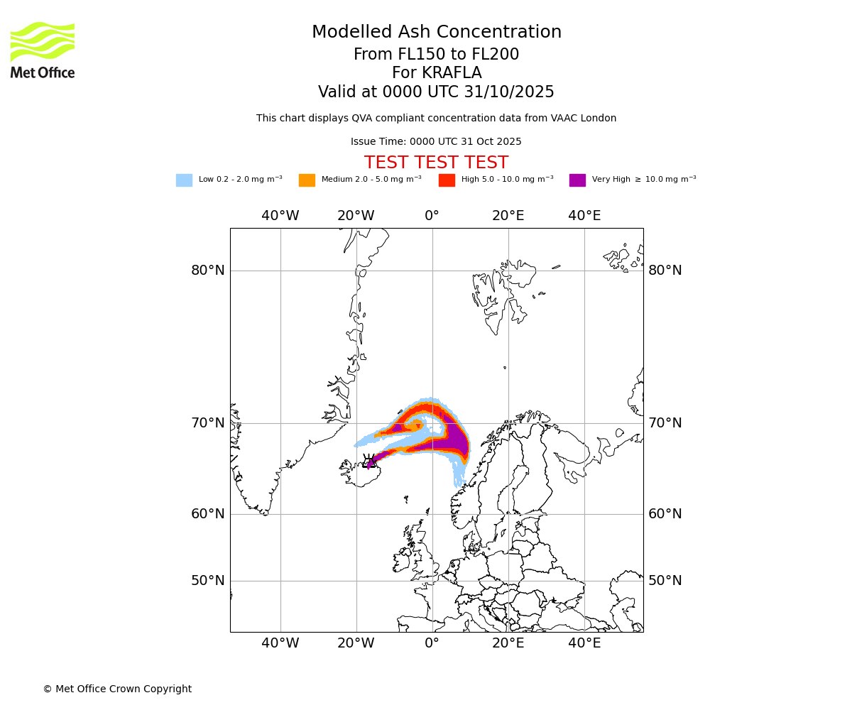 Modelled ash concentration from 150 to 200 for KRAFLA. Valid at 0000 UTC 31/10/2025