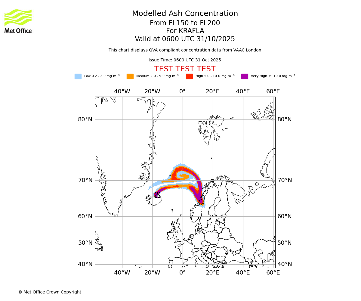 Modelled ash concentration from 150 to 200 for KRAFLA. Valid at 0600 UTC 31/10/2025