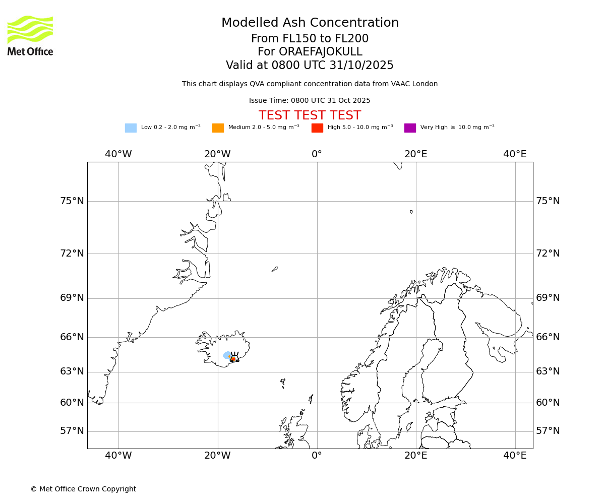 Modelled ash concentration from 150 to 200 for ORAEFAJOKULL. Valid at 0800 UTC 31/10/2025