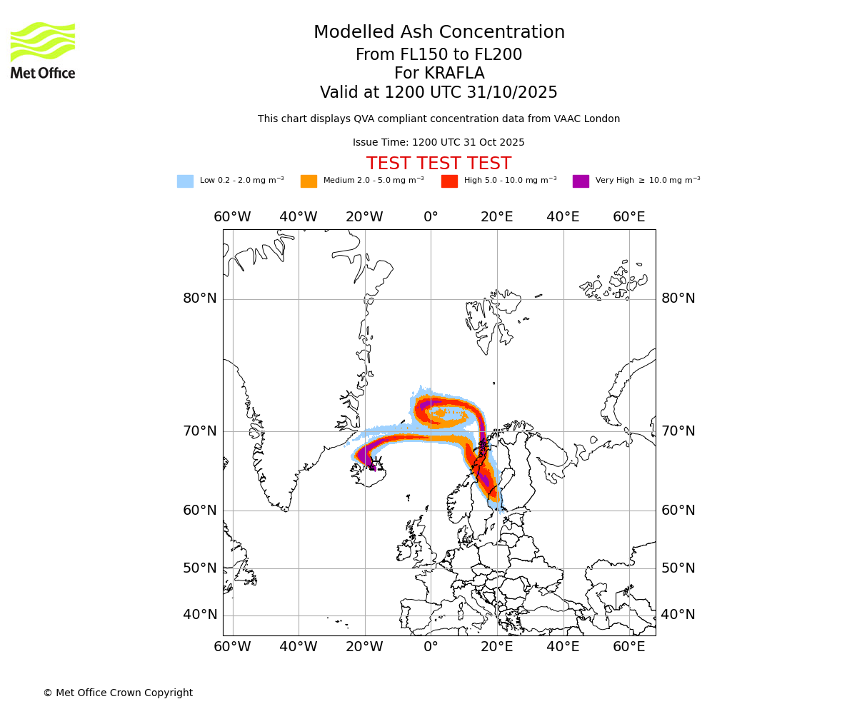 Modelled ash concentration from 150 to 200 for KRAFLA. Valid at 1200 UTC 31/10/2025