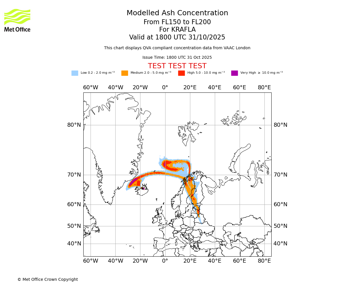 Modelled ash concentration from 150 to 200 for KRAFLA. Valid at 1800 UTC 31/10/2025