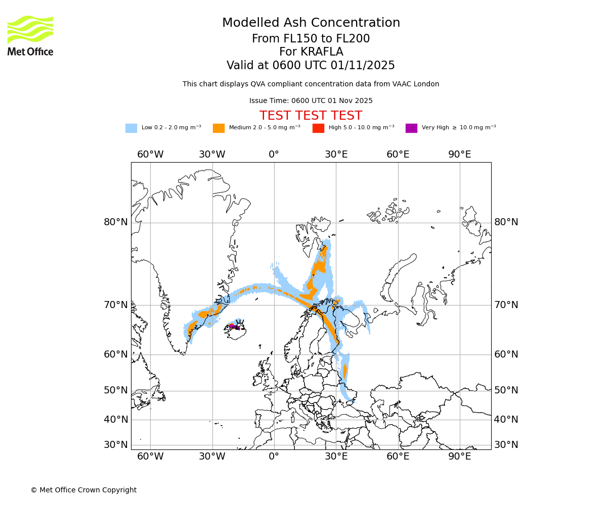 Modelled ash concentration from 150 to 200 for KRAFLA. Valid at 0600 UTC 01/11/2025
