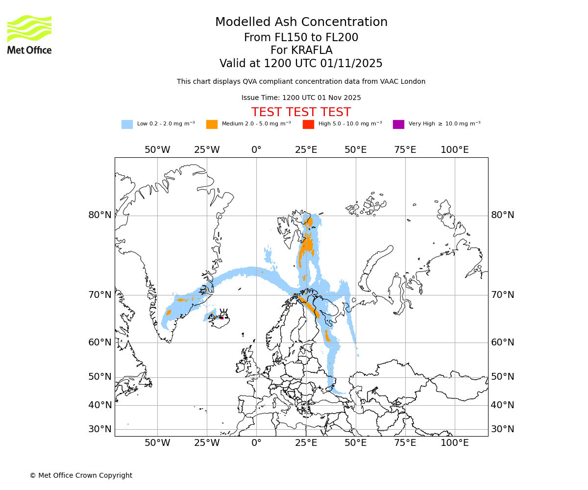 Modelled ash concentration from 150 to 200 for KRAFLA. Valid at 1200 UTC 01/11/2025