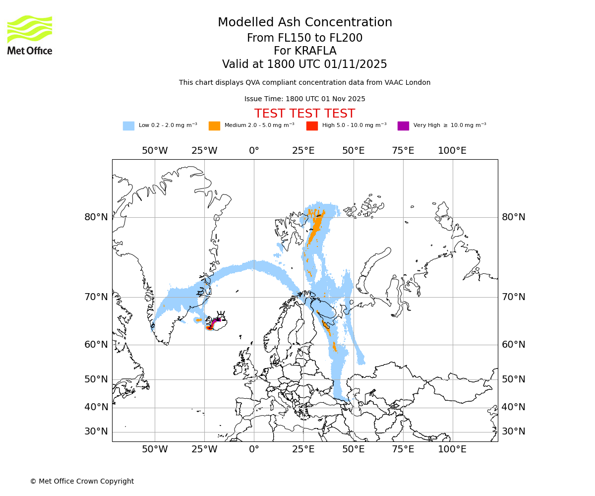Modelled ash concentration from 150 to 200 for KRAFLA. Valid at 1800 UTC 01/11/2025