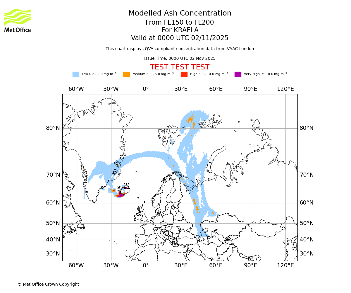Modelled ash concentration from 150 to 200 for KRAFLA. Valid at 0000 UTC 02/11/2025