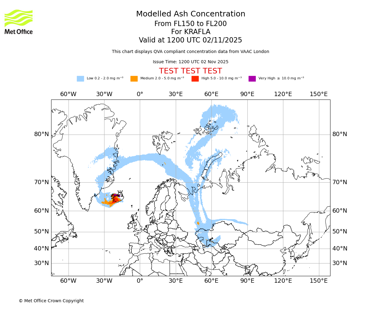 Modelled ash concentration from 150 to 200 for KRAFLA. Valid at 1200 UTC 02/11/2025