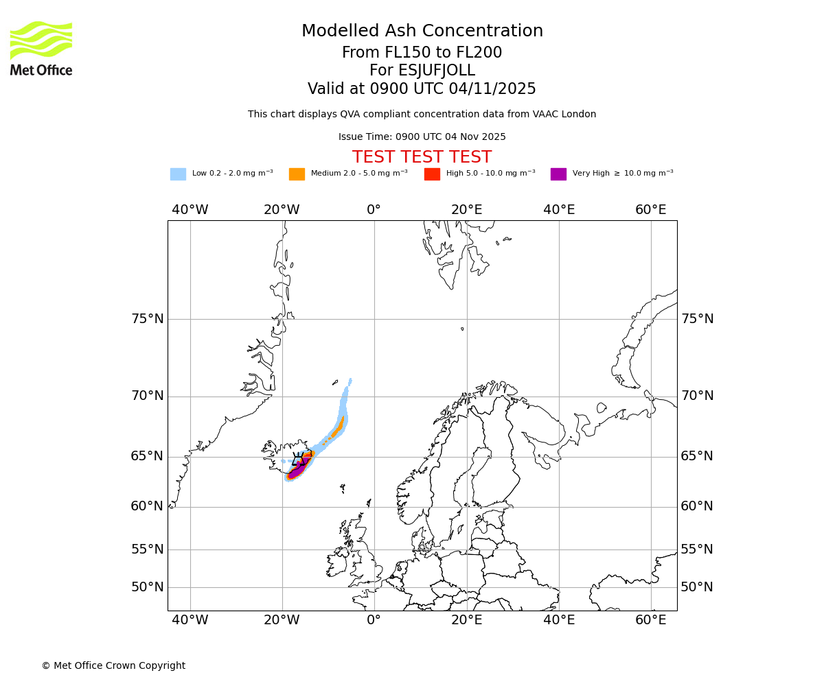 Modelled ash concentration from 150 to 200 for ESJUFJOLL. Valid at 0900 UTC 04/11/2025