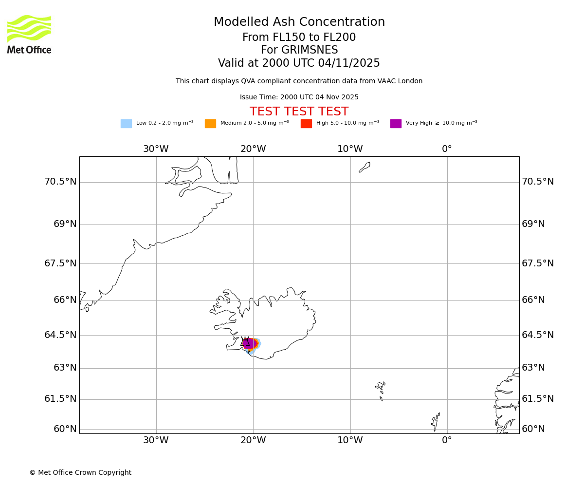 Modelled ash concentration from 150 to 200 for GRIMSNES. Valid at 2000 UTC 04/11/2025