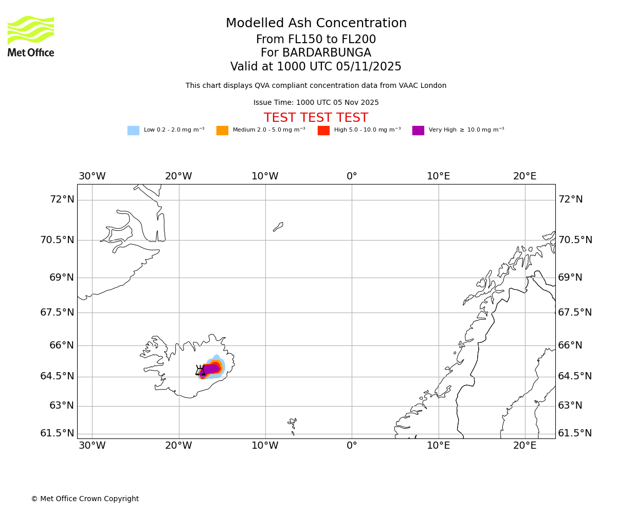 Modelled ash concentration from 150 to 200 for BARDARBUNGA. Valid at 1000 UTC 05/11/2025
