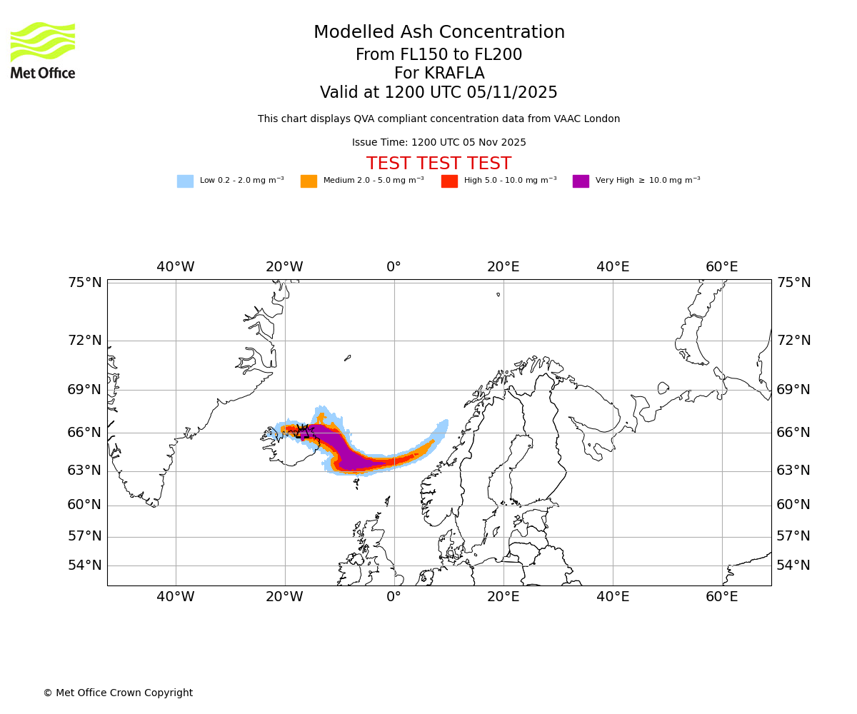Modelled ash concentration from 150 to 200 for KRAFLA. Valid at 1200 UTC 05/11/2025