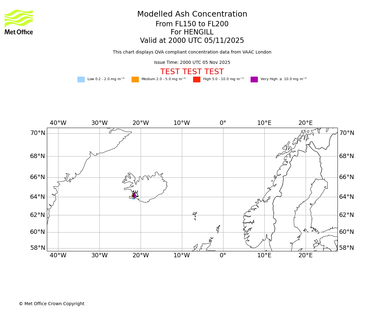 Modelled ash concentration from 150 to 200 for HENGILL. Valid at 2000 UTC 05/11/2025