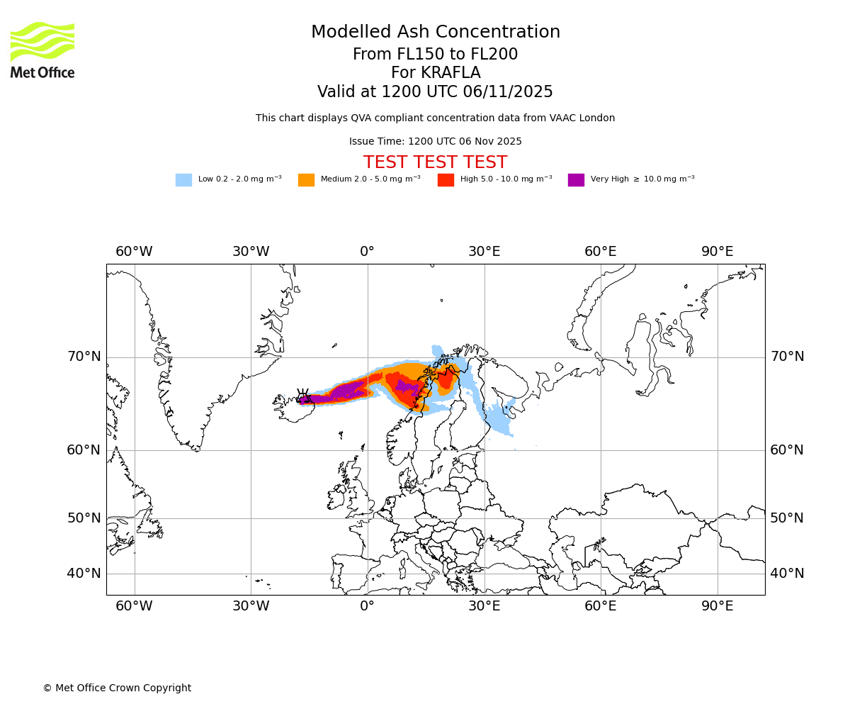 Modelled ash concentration from 150 to 200 for KRAFLA. Valid at 1200 UTC 06/11/2025