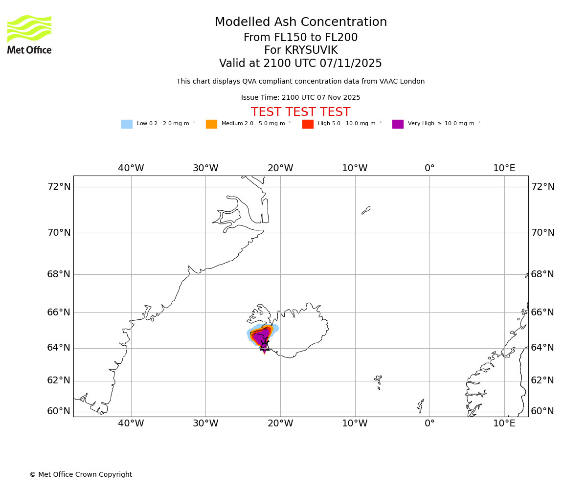 Modelled ash concentration from 150 to 200 for KRYSUVIK. Valid at 2100 UTC 07/11/2025