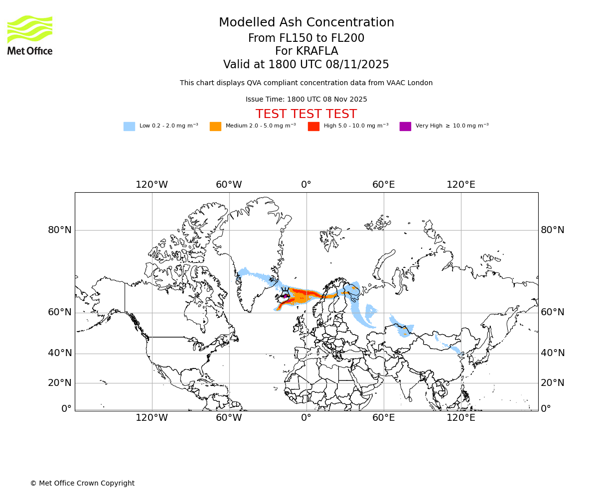 Modelled ash concentration from 150 to 200 for KRAFLA. Valid at 1800 UTC 08/11/2025