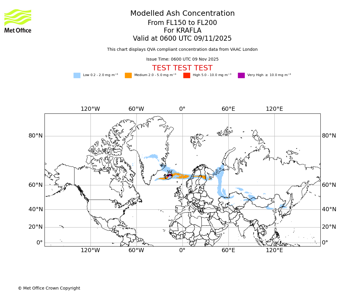 Modelled ash concentration from 150 to 200 for KRAFLA. Valid at 0600 UTC 09/11/2025