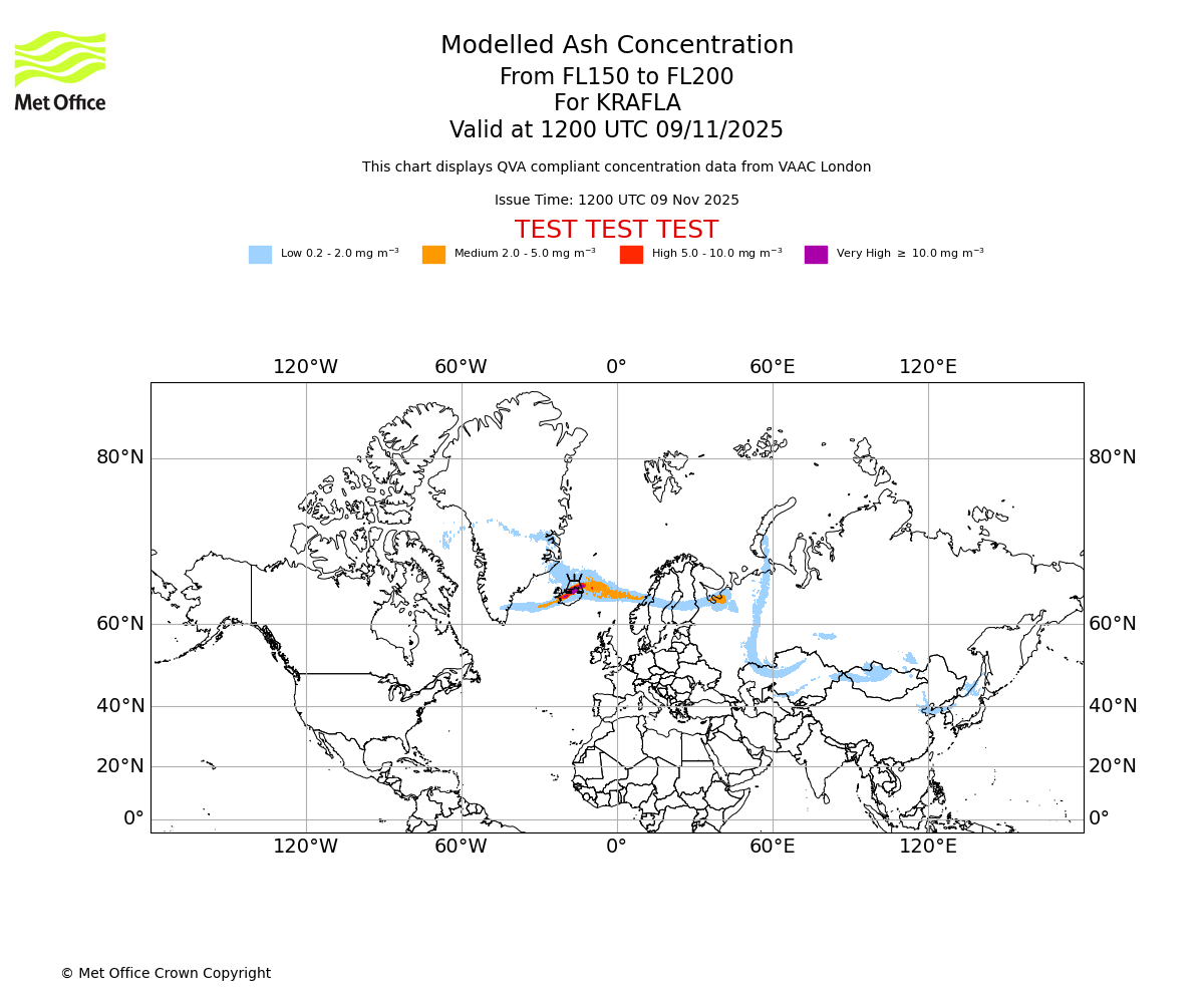 Modelled ash concentration from 150 to 200 for KRAFLA. Valid at 1200 UTC 09/11/2025