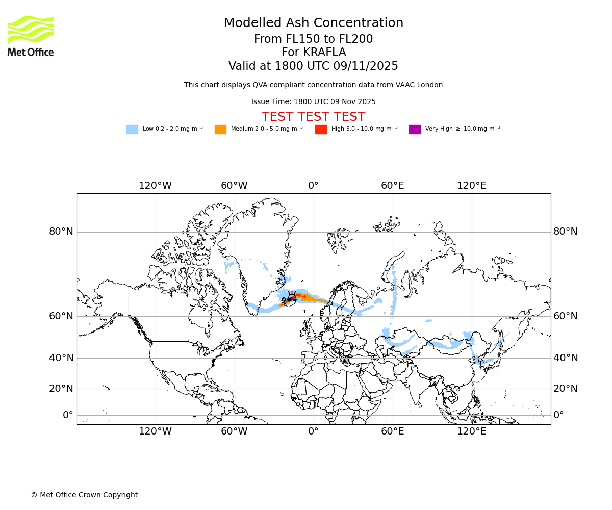 Modelled ash concentration from 150 to 200 for KRAFLA. Valid at 1800 UTC 09/11/2025