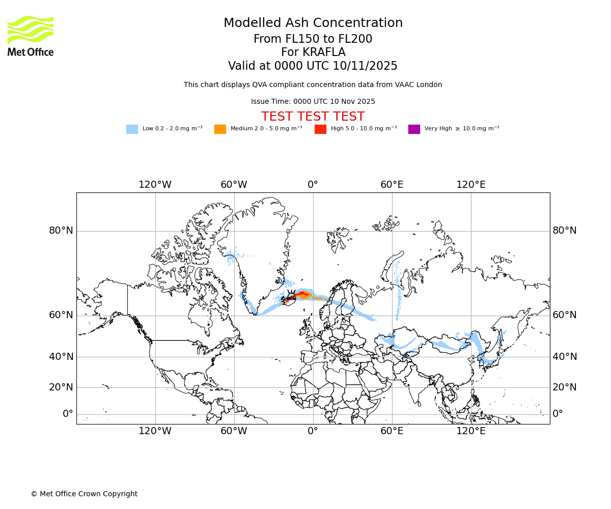 Modelled ash concentration from 150 to 200 for KRAFLA. Valid at 0000 UTC 10/11/2025