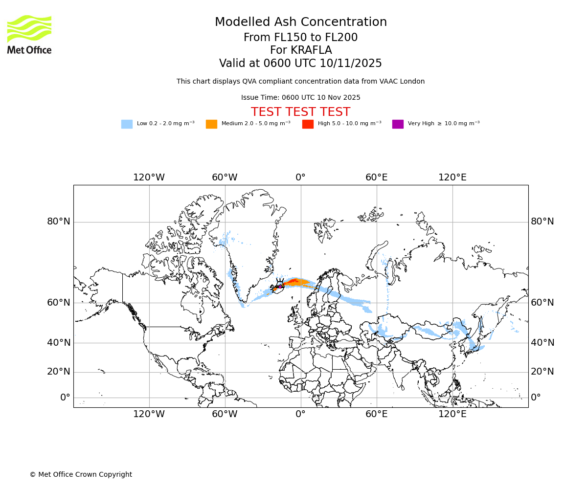 Modelled ash concentration from 150 to 200 for KRAFLA. Valid at 0600 UTC 10/11/2025