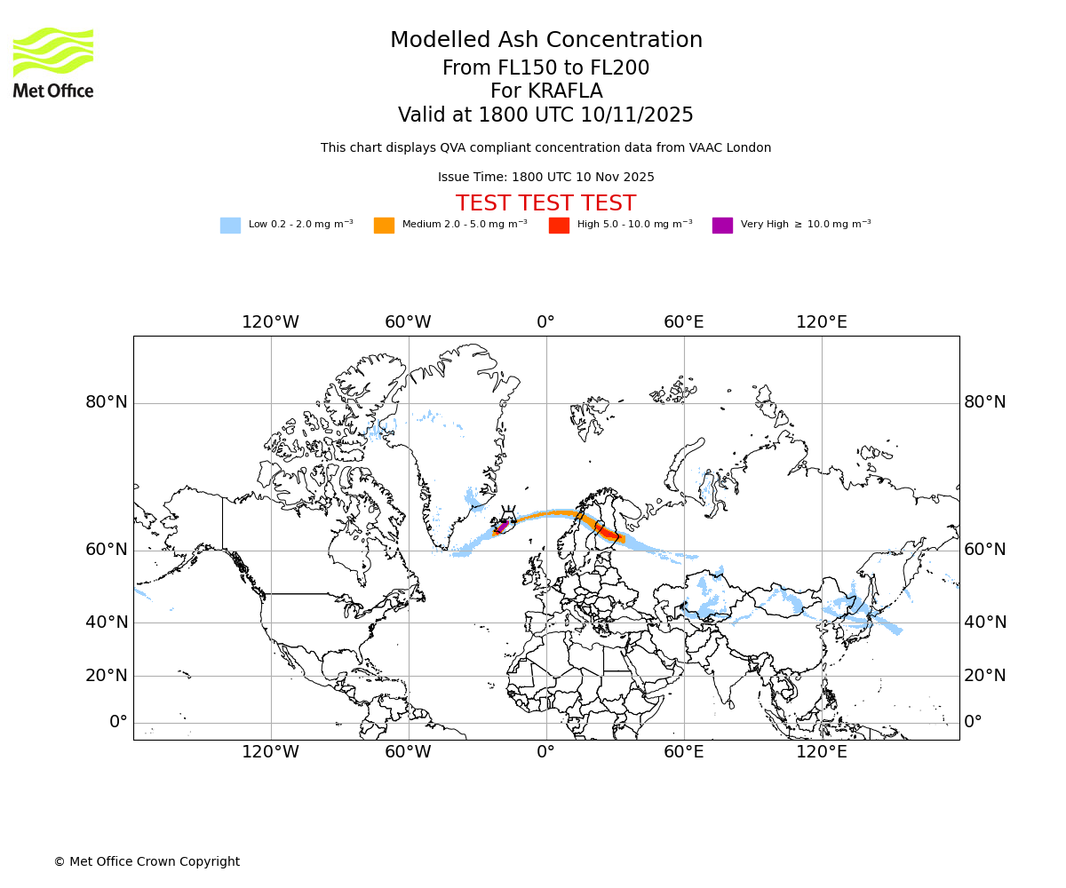 Modelled ash concentration from 150 to 200 for KRAFLA. Valid at 1800 UTC 10/11/2025