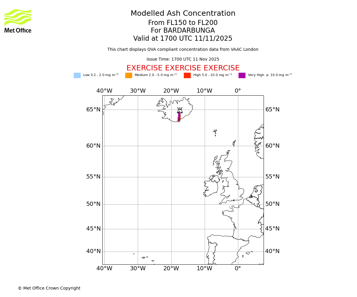 Modelled ash concentration from 150 to 200 for BARDARBUNGA. Valid at 1700 UTC 11/11/2025