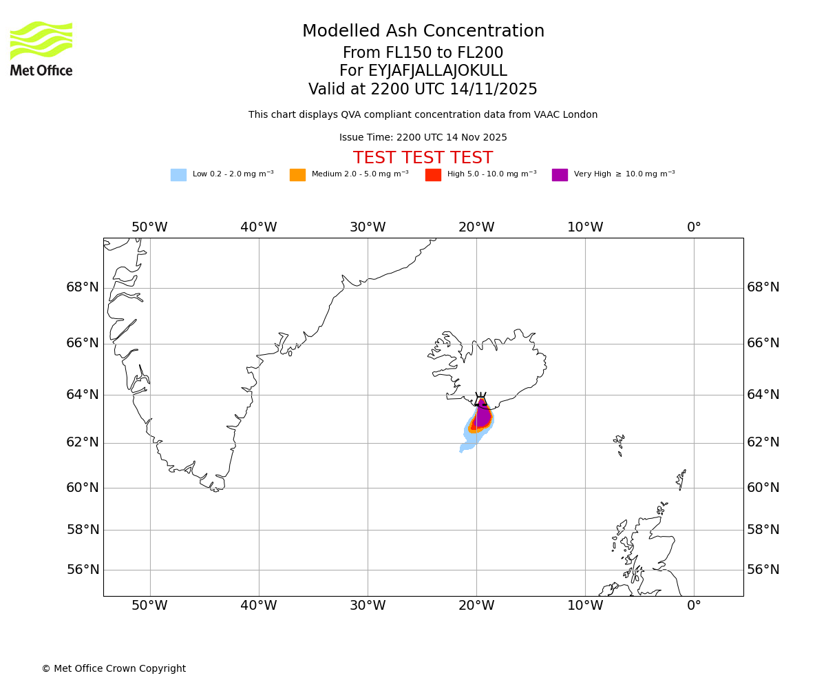 Modelled ash concentration from 150 to 200 for EYJAFJALLAJOKULL. Valid at 2200 UTC 14/11/2025