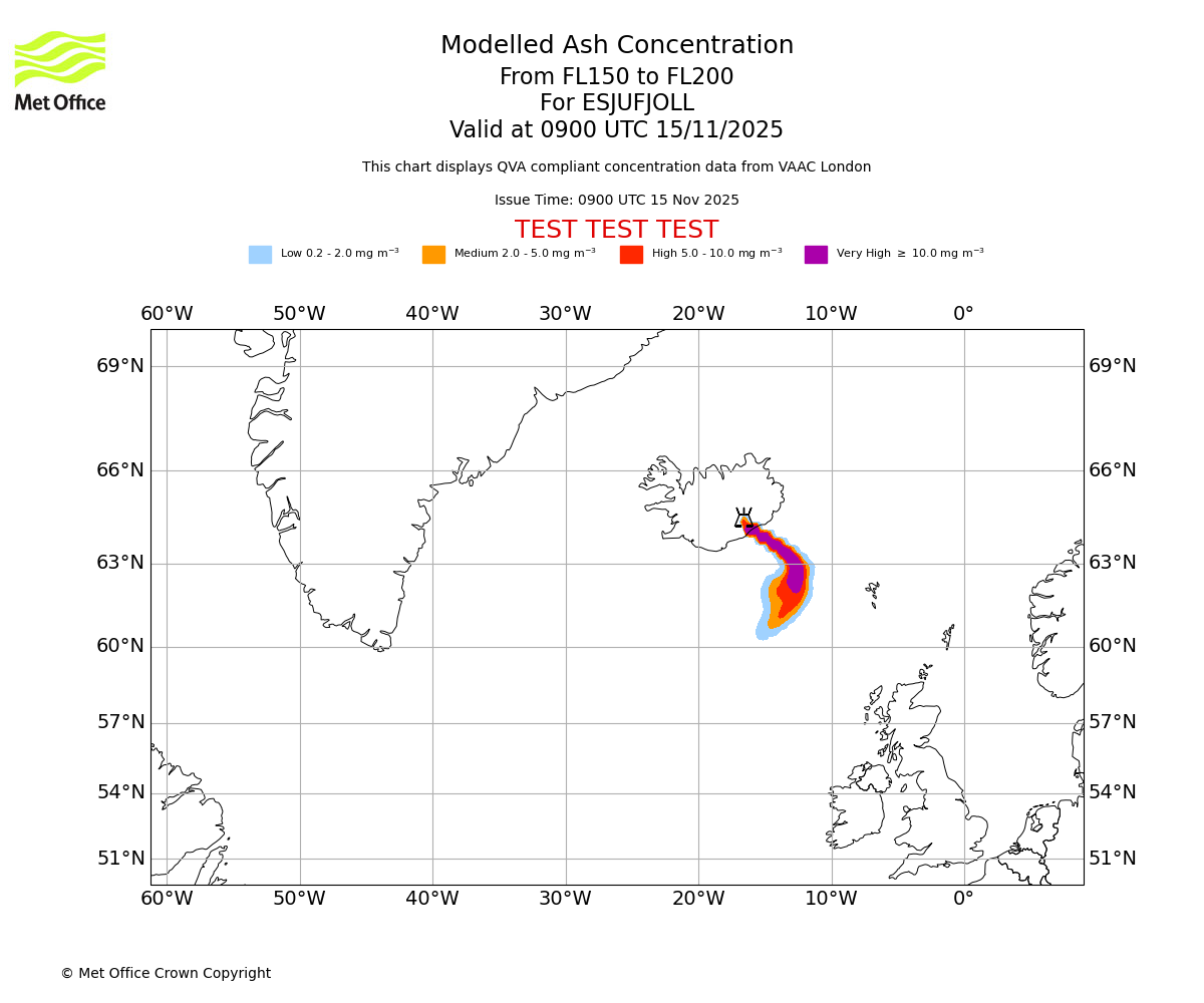 Modelled ash concentration from 150 to 200 for ESJUFJOLL. Valid at 0900 UTC 15/11/2025