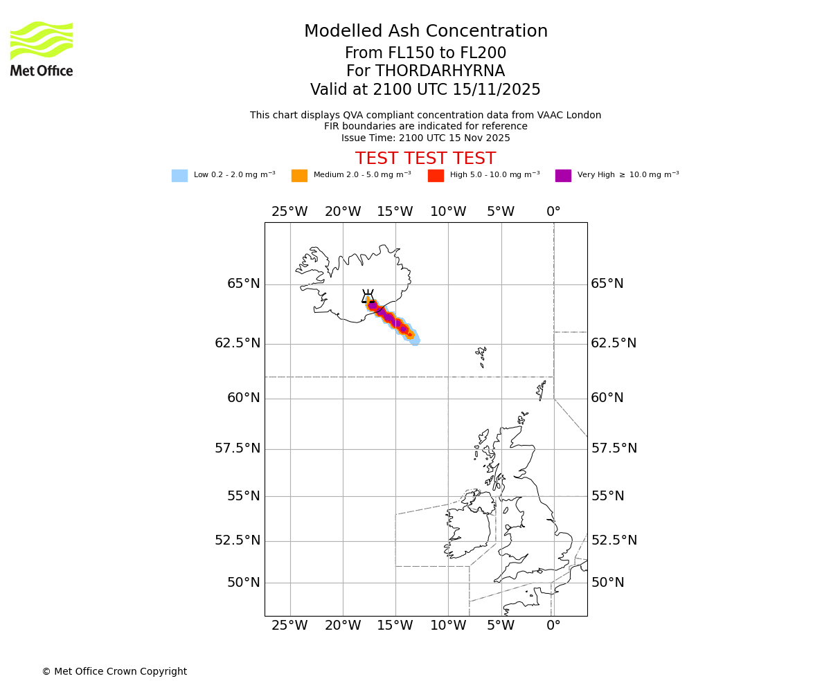 Modelled ash concentration from 150 to 200 for THORDARHYRNA. Valid at 2100 UTC 15/11/2025